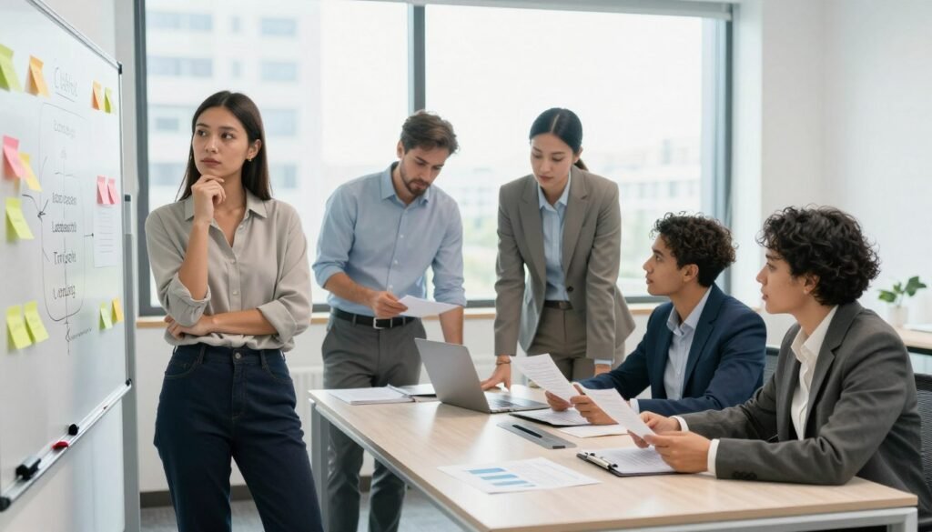 A dynamic office environment showcasing a diverse group of professionals engaged in a collaborative brainstorming session. In the foreground, a thoughtful woman in smart casual attire is standing by a whiteboard covered with colorful sticky notes, illustrating key leadership roles. In the middle ground, a diverse team of three professionals—two men and one woman—are seated around a modern conference table, reviewing documents and discussing strategies, all dressed in professional business attire. The background features large windows with natural light flooding in, creating an energetic atmosphere. The lighting is bright and inviting, emphasizing the focus on teamwork and problem-solving. The overall mood is one of ambition and collaboration, reflecting the urgency and importance of making leadership decisions for startup growth. A dynamic office environment showcasing a diverse group of professionals engaged in a collaborative brainstorming session. In the foreground, a thoughtful woman in smart casual attire is standing by a whiteboard covered with colorful sticky notes, illustrating key leadership roles. In the middle ground, a diverse team of three professionals—two men and one woman—are seated around a modern conference table, reviewing documents and discussing strategies, all dressed in professional business attire. The background features large windows with natural light flooding in, creating an energetic atmosphere. The lighting is bright and inviting, emphasizing the focus on teamwork and problem-solving. The overall mood is one of ambition and collaboration, reflecting the urgency and importance of making leadership decisions for startup growth.