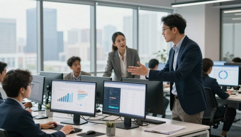A dynamic scene depicting a diverse group of professionals collaborating on digital devices in a sleek, modern office environment. In the foreground, a focused leader, dressed in a sharp business suit, gestures enthusiastically as they discuss strategy with colleagues. In the middle, various screens display graphs, social media platforms, and keyword lists, symbolizing content integration. The background features large windows showcasing a city skyline, with soft, natural light flooding the space, creating a bright and open atmosphere. The mood is energetic and motivational, capturing the essence of leadership and personal branding through a tech-savvy lens. A wide-angle view accentuates the collaborative dynamics without any overlays or text.