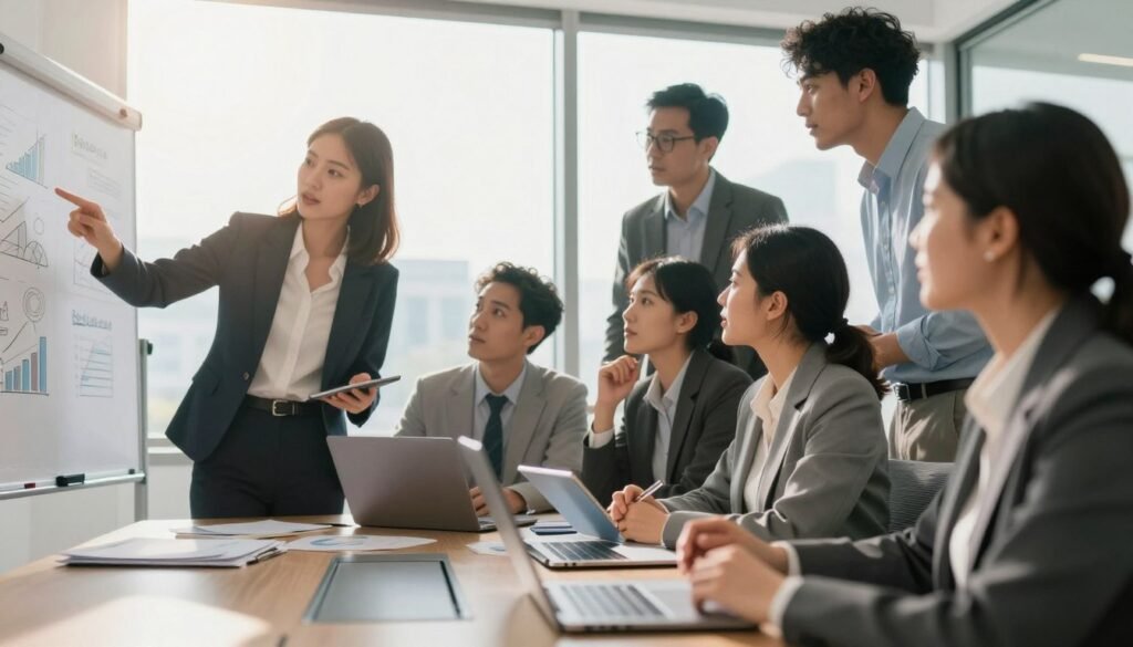A dynamic scene depicting a diverse group of visionary leaders in a modern conference room, actively engaging in brainstorming. In the foreground, a confident woman, dressed in a professional business suit, points to a digital whiteboard filled with innovative ideas and graphs, symbolizing transformation and action. In the middle ground, a group of men and women, also in business attire, collaborate around a sleek table, sharing insights and discussing strategies, with laptops and digital tablets present, highlighting technology and innovation. The background features large windows with sunlight streaming in, creating a bright and inspiring atmosphere. Soft focus on the edges draws attention to their expressions of excitement and determination, conveying a sense of momentum and progress.