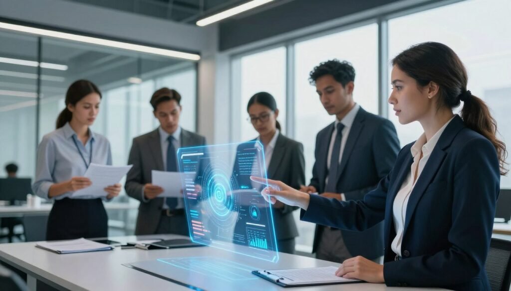 A futuristic office environment depicting effective governance in AI, showcasing a diverse group of professionals in business attire engaged in a collaborative discussion around a holographic display of data visualizations and security metrics. In the foreground, a confident woman gestures towards the hologram, illustrating accountability and leadership. In the middle ground, colleagues of various ethnicities review documents, symbolizing transparency and teamwork. The background features sleek, modern architecture with large windows letting in soft natural light, creating an atmosphere of innovation and security. The composition should be shot from a slightly elevated angle to capture the scene's dynamics, with a focus on clarity and professionalism, embodying a sense of purpose and responsibility in the workplace.