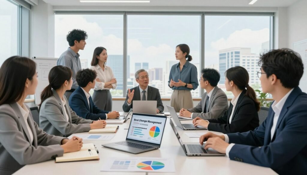 A modern boardroom setting focused on change leadership, featuring diverse leaders (both men and women) in professional business attire engaged in a collaborative discussion around a large table. The foreground includes notebooks, electronic devices, and a display of colorful charts showcasing best practices in change management. The middle ground highlights leaders exchanging ideas with animated expressions, suggesting a dynamic and proactive atmosphere. In the background, large windows reveal an urban skyline under a bright, optimistic sky, symbolizing new opportunities amidst uncertainty. Soft natural lighting fills the room, enhancing the sense of focus and collaboration, while a wide-angle perspective captures the essence of teamwork in navigating challenges. A modern boardroom setting focused on change leadership, featuring diverse leaders (both men and women) in professional business attire engaged in a collaborative discussion around a large table. The foreground includes notebooks, electronic devices, and a display of colorful charts showcasing best practices in change management. The middle ground highlights leaders exchanging ideas with animated expressions, suggesting a dynamic and proactive atmosphere. In the background, large windows reveal an urban skyline under a bright, optimistic sky, symbolizing new opportunities amidst uncertainty. Soft natural lighting fills the room, enhancing the sense of focus and collaboration, while a wide-angle perspective captures the essence of teamwork in navigating challenges.