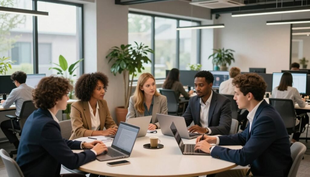 A modern hybrid workplace filled with diversity and collaboration. In the foreground, a group of five professionals of different ethnicities, dressed in smart business attire, are engaged in a vibrant discussion around a large, round table with laptops and notepads. In the middle, large windows showcase a blend of indoor and outdoor environments, with potted plants adding a touch of greenery and natural light streaming in, creating a warm and inviting atmosphere. In the background, some individuals are seen working at their desks, while others communicate via video calls on bright screens. The scene is framed with soft, diffused lighting, enhancing the sense of inclusivity and teamwork in this modern workspace. A modern hybrid workplace filled with diversity and collaboration. In the foreground, a group of five professionals of different ethnicities, dressed in smart business attire, are engaged in a vibrant discussion around a large, round table with laptops and notepads. In the middle, large windows showcase a blend of indoor and outdoor environments, with potted plants adding a touch of greenery and natural light streaming in, creating a warm and inviting atmosphere. In the background, some individuals are seen working at their desks, while others communicate via video calls on bright screens. The scene is framed with soft, diffused lighting, enhancing the sense of inclusivity and teamwork in this modern workspace.