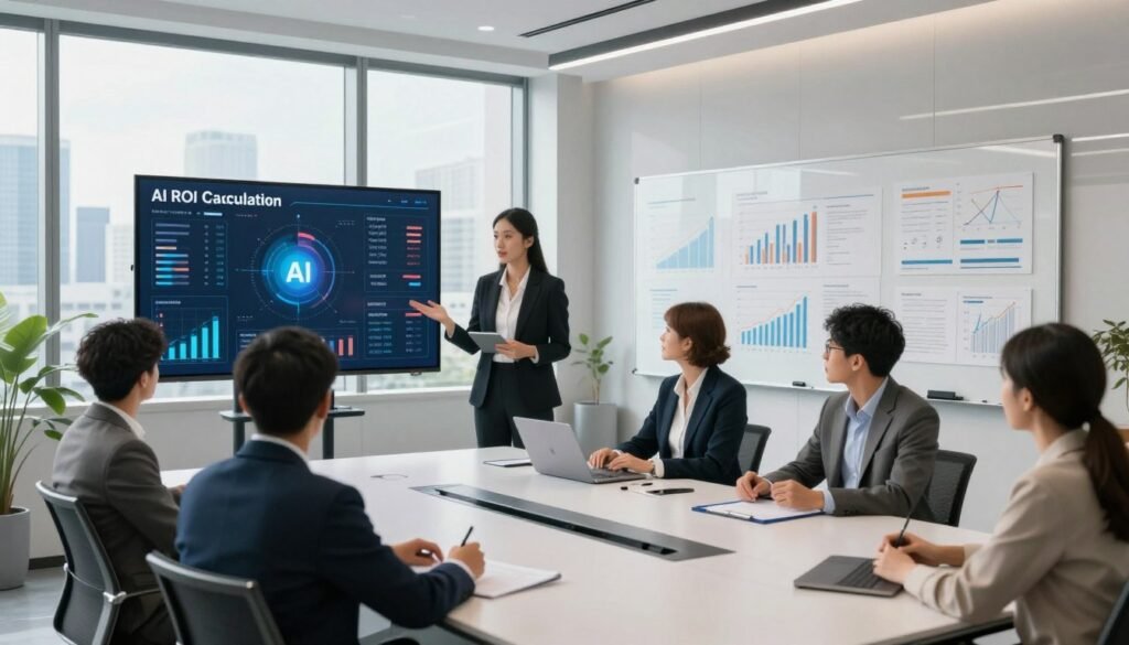 A modern office environment focused on "AI ROI Calculation," showcasing a sleek, high-tech conference room. In the foreground, a diverse group of professionals in business attire are engaged in a discussion around a digital screen displaying complex data visualizations related to AI transformation success. The middle ground features a large whiteboard filled with graphs and charts, illustrating metrics and financial implications of AI investments. The background reveals large windows with a city skyline view, casting natural light across the room, creating an atmosphere of innovation and collaboration. The composition should convey a sense of professionalism and forward-thinking, with a slight emphasis on technological advancement, captured from a slightly elevated angle to enhance depth and engagement in the scene. A modern office environment focused on "AI ROI Calculation," showcasing a sleek, high-tech conference room. In the foreground, a diverse group of professionals in business attire are engaged in a discussion around a digital screen displaying complex data visualizations related to AI transformation success. The middle ground features a large whiteboard filled with graphs and charts, illustrating metrics and financial implications of AI investments. The background reveals large windows with a city skyline view, casting natural light across the room, creating an atmosphere of innovation and collaboration. The composition should convey a sense of professionalism and forward-thinking, with a slight emphasis on technological advancement, captured from a slightly elevated angle to enhance depth and engagement in the scene.