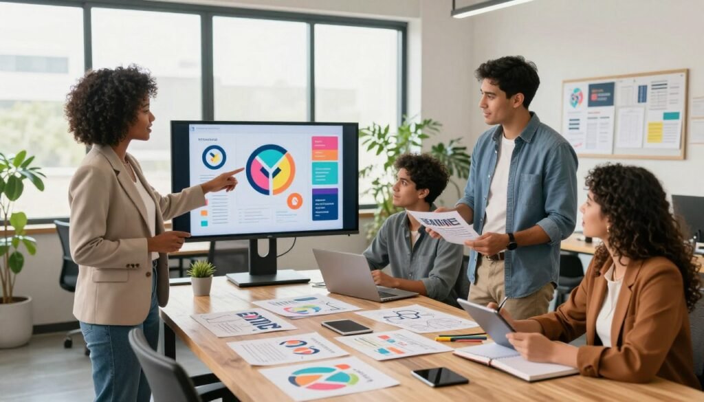 A modern office environment showcasing a diverse group of professionals collaborating on a rebranding strategy. In the foreground, a confident Black woman in a tailored blazer points at a digital screen displaying vibrant logo designs and branding elements. To her right, a Hispanic man in smart casual attire reviews a printed branding guide, while a Middle-Eastern woman takes notes on a tablet. The middle ground features a large conference table surrounded by sketches and mood boards, depicting the creative process. The background shows large windows with natural light pouring in, creating an optimistic atmosphere. The room is filled with plants and modern furniture, emphasizing innovation and teamwork. The image adopts a warm color palette to evoke a sense of community and enthusiasm.