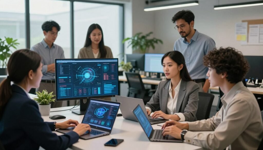 A modern office environment showcasing a diverse team of professionals collaborating with advanced AI technology. In the foreground, a diverse group of individuals—two women and a man—engaged in a brainstorming session, wearing smart business attire, with laptops and digital tablets in front of them. The middle ground features sleek computer screens displaying AI-generated data insights and infographics. In the background, large windows let in soft, natural light, illuminating a contemporary workspace filled with greenery. The atmosphere is vibrant and collaborative, with an emphasis on innovation and human connection. The lens captures a dynamic angle, giving depth to the scene while highlighting the harmonious interaction between humans and AI in the workplace. A modern office environment showcasing a diverse team of professionals collaborating with advanced AI technology. In the foreground, a diverse group of individuals—two women and a man—engaged in a brainstorming session, wearing smart business attire, with laptops and digital tablets in front of them. The middle ground features sleek computer screens displaying AI-generated data insights and infographics. In the background, large windows let in soft, natural light, illuminating a contemporary workspace filled with greenery. The atmosphere is vibrant and collaborative, with an emphasis on innovation and human connection. The lens captures a dynamic angle, giving depth to the scene while highlighting the harmonious interaction between humans and AI in the workplace.