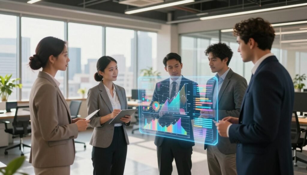 A modern office landscape showcasing the essence of data transparency in leadership. In the foreground, a diverse group of three professionals in business attire stand around a sleek, high-tech holographic display that projects colorful graphs and charts, illustrating data insights. The middle of the scene features a spacious, well-lit office with large windows allowing natural light to illuminate contemporary furniture and greenery, creating a welcoming atmosphere. In the background, a city skyline is visible, symbolizing connectivity and progress. The mood is collaborative and innovative, emphasizing the integration of data and technology in leadership. The scene should be captured with a soft focus on the background, highlighting the professionals and the data display with a warm, inviting glow. A modern office landscape showcasing the essence of data transparency in leadership. In the foreground, a diverse group of three professionals in business attire stand around a sleek, high-tech holographic display that projects colorful graphs and charts, illustrating data insights. The middle of the scene features a spacious, well-lit office with large windows allowing natural light to illuminate contemporary furniture and greenery, creating a welcoming atmosphere. In the background, a city skyline is visible, symbolizing connectivity and progress. The mood is collaborative and innovative, emphasizing the integration of data and technology in leadership. The scene should be captured with a soft focus on the background, highlighting the professionals and the data display with a warm, inviting glow.