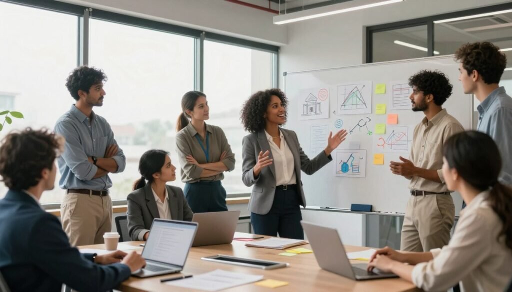 A modern office setting showcasing a diverse group of professionals engaged in a dynamic brainstorming session. In the foreground, a Black woman in a smart blazer gestures enthusiastically, surrounded by multi-ethnic colleagues, including a South Asian man and a Hispanic woman, all wearing professional attire. The middle of the scene features a whiteboard filled with colorful sketches and post-it notes, symbolizing ideas and strategies for change management. In the background, large windows allow soft, natural light to flood the space, creating an inviting atmosphere. The mood is collaborative and energetic, emphasizing agility and teamwork. Use a wide-angle lens to capture the entire room, conveying a sense of openness and innovation.