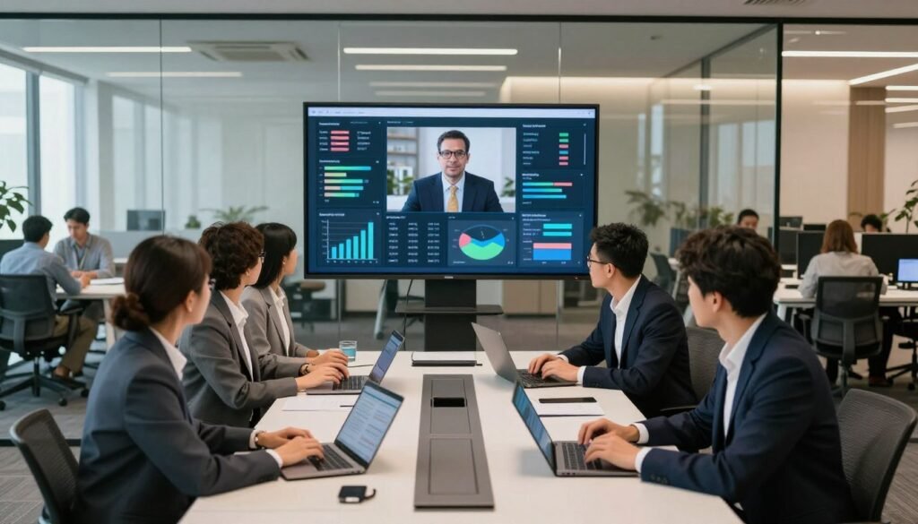 A modern office setting showcasing digital literacy in action. In the foreground, a diverse group of professionals in business attire, engaged in collaboration around a high-tech conference table, utilizing laptops and tablets. The middle layer features a large digital screen displaying data analytics and interactive digital tools. In the background, sleek glass walls reveal a bustling workspace with team members communicating via video calls. The lighting is bright and inviting, with a warm, professional ambiance created by natural light streaming in through the windows. The mood is focused and innovative, embodying the essence of leadership in a digital world, emphasizing connectivity, knowledge sharing, and adaptability.