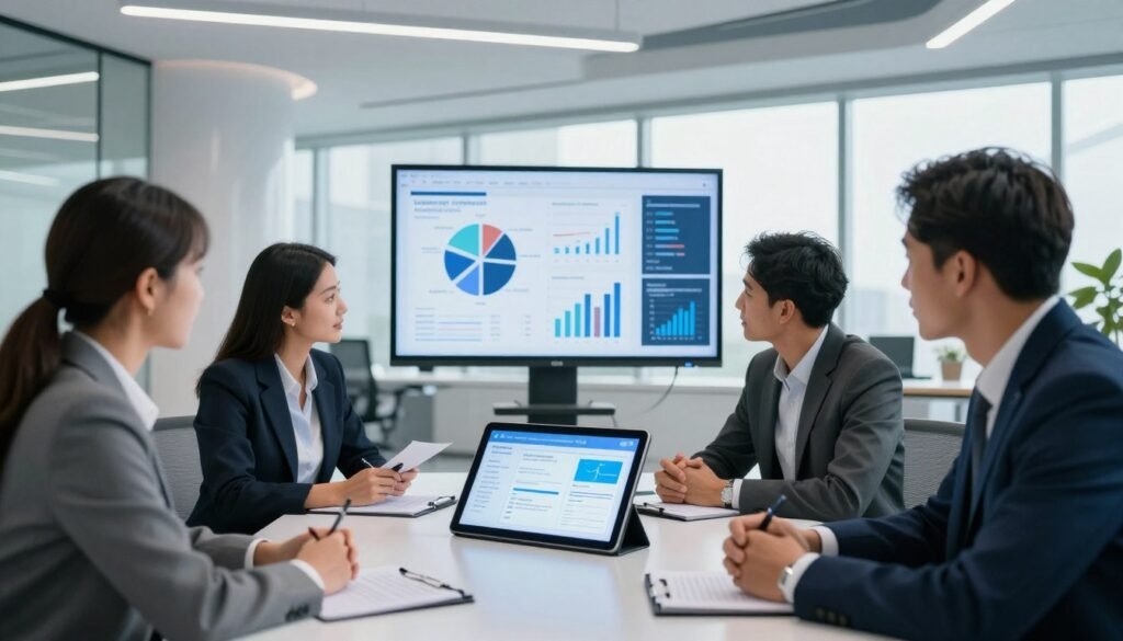 A modern office setting that seamlessly integrates advanced technology and educational tools. In the foreground, there is a diverse group of professionals in business attire engaged in a dynamic discussion around a sleek digital tablet, showcasing interactive learning applications. The middle ground features a large digital screen displaying graphs and data analytics related to leadership and innovation. The background is filled with futuristic architectural elements and natural light streaming through large windows, creating an inviting and bright atmosphere. Use a wide-angle perspective to capture the collaborative spirit and focus on advanced technology. The mood is one of inspiration and forward-thinking, highlighting the intersection of technology, education, and ethical leadership in today’s business world. A modern office setting that seamlessly integrates advanced technology and educational tools. In the foreground, there is a diverse group of professionals in business attire engaged in a dynamic discussion around a sleek digital tablet, showcasing interactive learning applications. The middle ground features a large digital screen displaying graphs and data analytics related to leadership and innovation. The background is filled with futuristic architectural elements and natural light streaming through large windows, creating an inviting and bright atmosphere. Use a wide-angle perspective to capture the collaborative spirit and focus on advanced technology. The mood is one of inspiration and forward-thinking, highlighting the intersection of technology, education, and ethical leadership in today’s business world.