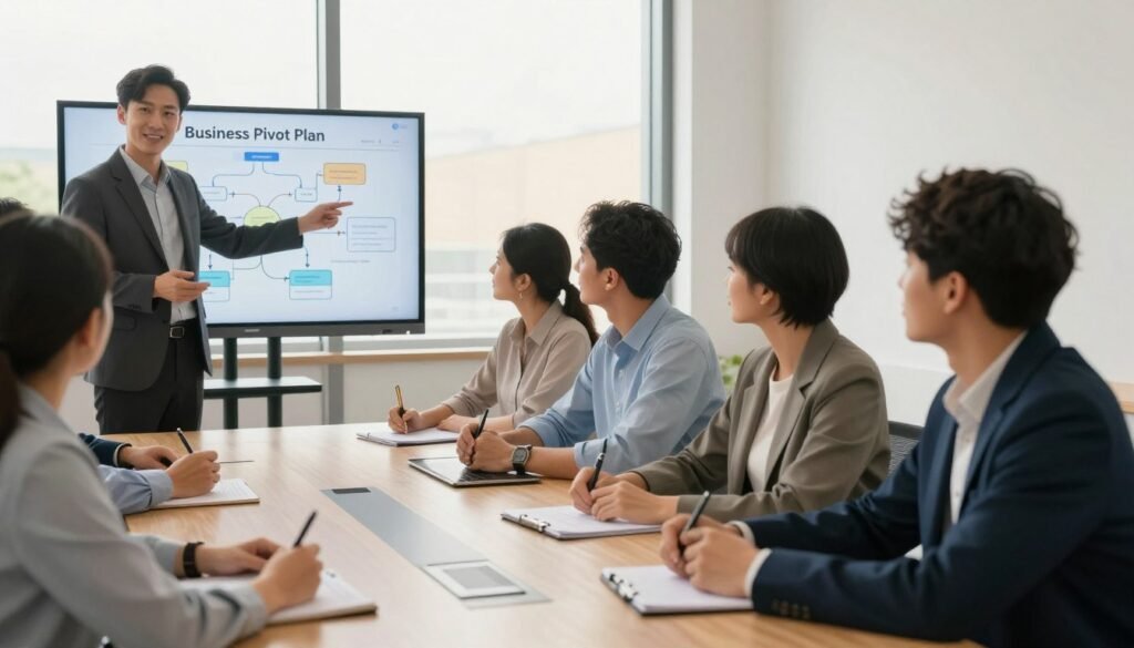 A modern office setting where a diverse group of professional individuals, both men and women, are engaged in an open discussion around a conference table. In the foreground, a confident team leader, dressed in smart business attire, gestures towards a digital screen displaying a flowchart labeled "Business Pivot Plan." The middle ground showcases team members, expressing trust and collaboration, as they take notes and share ideas, demonstrating a supportive atmosphere. The background features a large window, letting in warm, natural light, creating an inviting and optimistic ambiance. The image should convey a sense of teamwork, resilience, and positive energy, with a focus on effective communication and trust-building during business transitions.
