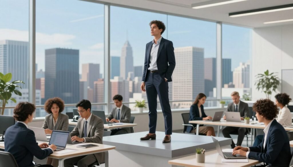 A modern workspace features a confident entrepreneur standing on a sophisticated platform elevated above a bustling city, symbolizing thought leadership. The individual, dressed in professional business attire, gazes thoughtfully into the distance, showcasing determination and vision. Surrounding the platform, the middle ground showcases a diverse group of engaged professionals collaborating at sleek desks with laptops and notepads, conveying a sense of teamwork and innovation. In the background, a vibrant city skyline under a clear blue sky reflects optimism and opportunity. Soft, natural lighting enhances the scene, focusing on the platform and entrepreneur with a shallow depth of field to draw attention. The overall mood is inspiring and ambitious, encapsulating the essence of leadership in a dynamic entrepreneurial environment.