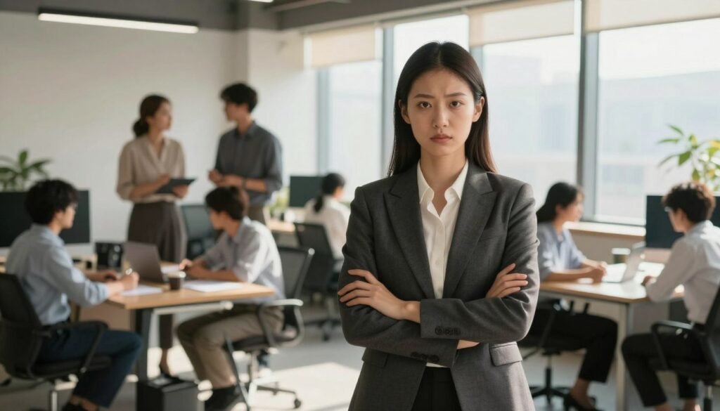 A poised young woman in professional business attire stands confidently at the forefront, with a faint expression of determination on her face. In the middle ground, a bustling office environment is depicted, with colleagues engaged in intense discussions, reflecting the high-pressure situation. The background shows large windows allowing soft, natural light to flood the room, casting gentle shadows and highlighting the sense of urgency. Use a wide-angle lens to capture the dynamic space and emphasize the contrast between chaos and her calm demeanor. The mood should convey a blend of tension and serenity, illustrating the concept of "grace under pressure" as she navigates a demanding workplace. The overall color palette should be warm but professional, enhancing her aura of credibility and confidence. A poised young woman in professional business attire stands confidently at the forefront, with a faint expression of determination on her face. In the middle ground, a bustling office environment is depicted, with colleagues engaged in intense discussions, reflecting the high-pressure situation. The background shows large windows allowing soft, natural light to flood the room, casting gentle shadows and highlighting the sense of urgency. Use a wide-angle lens to capture the dynamic space and emphasize the contrast between chaos and her calm demeanor. The mood should convey a blend of tension and serenity, illustrating the concept of "grace under pressure" as she navigates a demanding workplace. The overall color palette should be warm but professional, enhancing her aura of credibility and confidence.