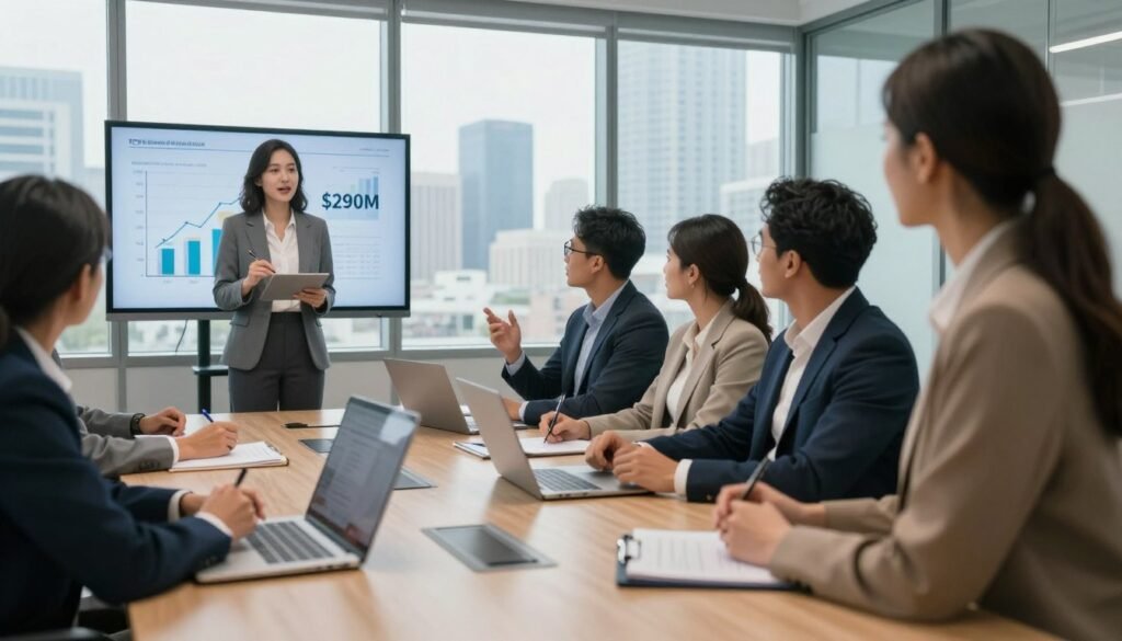 A professional and dynamic office setting showcasing a group of diverse individuals, including men and women, dressed in business attire, engaged in a collaborative discussion around a large conference table. In the foreground, a confident female founder presenting on a digital screen displaying growth charts and the figure "$290M" highlighted. The middle layer includes attentive team members with notepads and laptops, actively participating in the brainstorming session. The background features large windows with city skyline views under soft natural lighting that creates an inspiring and motivational atmosphere. The image should convey a sense of leadership, collaboration, and innovation, embodying the essence of fundraising for visionary entrepreneurs. Use a cinematic angle to capture the energy and focus of the scene. A professional and dynamic office setting showcasing a group of diverse individuals, including men and women, dressed in business attire, engaged in a collaborative discussion around a large conference table. In the foreground, a confident female founder presenting on a digital screen displaying growth charts and the figure "$290M" highlighted. The middle layer includes attentive team members with notepads and laptops, actively participating in the brainstorming session. The background features large windows with city skyline views under soft natural lighting that creates an inspiring and motivational atmosphere. The image should convey a sense of leadership, collaboration, and innovation, embodying the essence of fundraising for visionary entrepreneurs. Use a cinematic angle to capture the energy and focus of the scene.