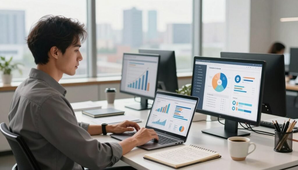 A professional and inspiring office environment featuring a confident business leader in a smart casual outfit, seated at a sleek, modern desk with a laptop open, analyzing a visually appealing content strategy on screen. In the foreground, include a notepad filled with handwritten notes and a cup of coffee. In the middle, showcase various digital devices displaying graphs and icons related to social media engagement. In the background, include large windows offering a view of a city skyline with soft, natural light filtering through, creating a warm and inviting atmosphere. The mood should be empowering and focused, conveying a sense of leadership and strategy. Capture the scene with a soft-focus lens, emphasizing vibrancy and clarity.
