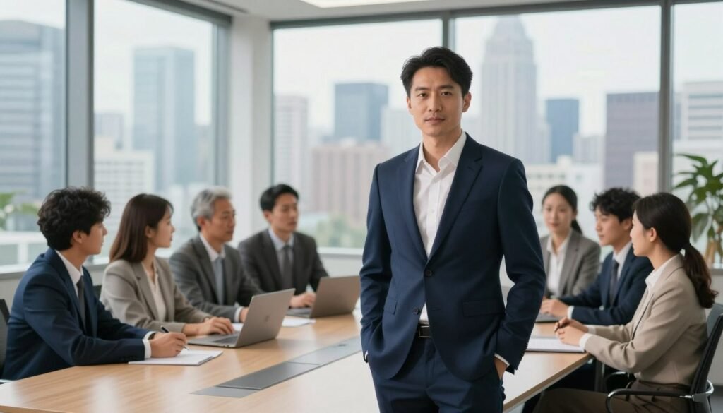 A professional business leader standing confidently at the forefront of a modern office with large glass windows, showcasing a bustling city skyline in the background. The leader, dressed in a tailored navy suit with a crisp white shirt, exudes authority and inspiration. In the middle ground, a diverse group of employees engaged in a dynamic brainstorming session around a sleek conference table, emphasizing collaboration and high performance. Soft natural light filters through the windows, casting a warm glow, enhancing the atmosphere of motivation and ambition. The overall mood is one of determination and excellence, reflecting the theme of setting high standards to drive performance. The image captures a pivotal moment of leadership, embodying the essence of effective guidance and aspiration.