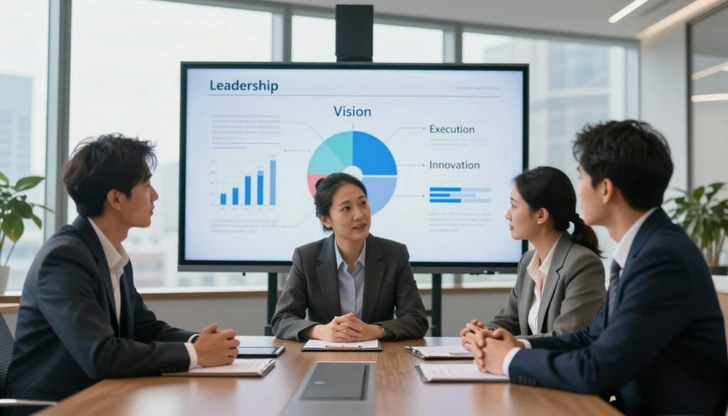 A professional business meeting scene reflecting the principles of visionary leadership. In the foreground, a diverse group of three individuals in professional business attire, engaged in discussion around a sleek conference table, exuding confidence and collaboration. The middle layer features a large digital screen displaying graphs and principles of leadership, with keywords like "Vision," "Execution," and "Innovation" subtly visible. The background showcases a modern office environment with large windows, natural light streaming in, and cityscape views, creating an inspiring atmosphere. Soft, warm lighting enhances the mood, while a slight depth of field focuses on the group, ensuring clarity and engagement. A professional business meeting scene reflecting the principles of visionary leadership. In the foreground, a diverse group of three individuals in professional business attire, engaged in discussion around a sleek conference table, exuding confidence and collaboration. The middle layer features a large digital screen displaying graphs and principles of leadership, with keywords like "Vision," "Execution," and "Innovation" subtly visible. The background showcases a modern office environment with large windows, natural light streaming in, and cityscape views, creating an inspiring atmosphere. Soft, warm lighting enhances the mood, while a slight depth of field focuses on the group, ensuring clarity and engagement.