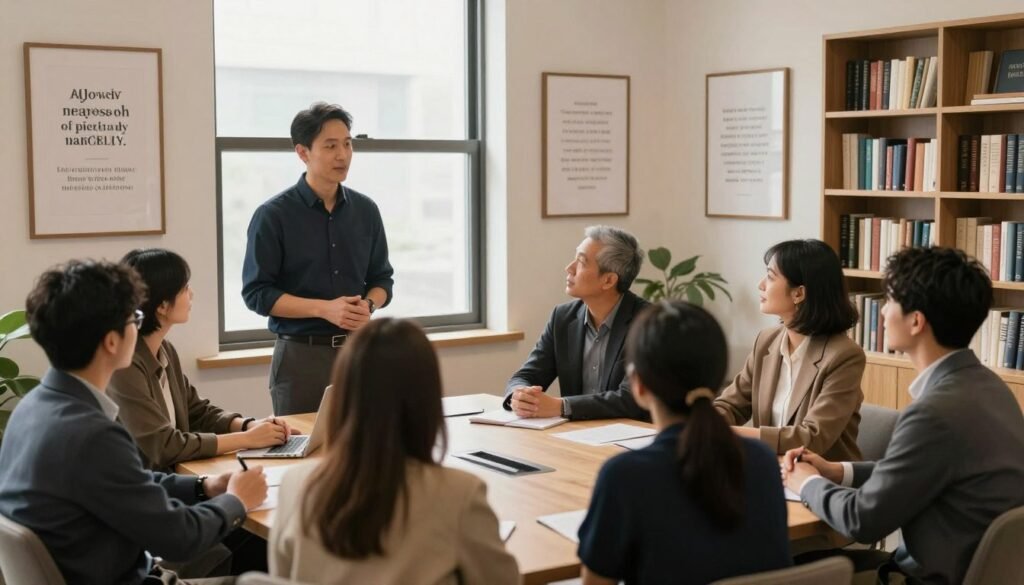 A professional coach stands confidently in the foreground, engaged in a meaningful conversation with a small group of diverse individuals, who are seated around a table. Each person is dressed in smart casual attire, reflecting an atmosphere of collaboration and openness. In the middle ground, a large window with soft natural light filters in, illuminating the room, which is filled with inspirational leadership quotes framed on the walls. The background features a bookshelf filled with books on leadership and personal development, creating a warm, inviting environment. The overall mood is encouraging and reflective, emphasizing the idea of personal growth through shared experiences. The angle of the shot is slightly elevated, providing a comprehensive view of the interaction and the setting.