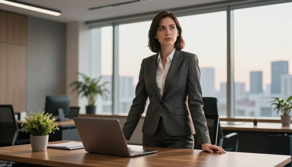 A professional leader stands confidently in an office environment, dressed in a tailored suit, embodying credibility. In the foreground, their focused expression shows determination and integrity, while their hands rest on a sleek oak desk lined with a high-quality laptop and a tasteful plant, symbolizing growth. The middle ground features a modern office setting, with contemporary furniture and a large window allowing natural light to flood in, creating a warm yet professional atmosphere. In the background, a city skyline is visible, suggesting ambition and success. The lighting is soft but crisp, akin to a late afternoon glow, enhancing the mood of trust and reliability. The angle is slightly low, emphasizing the leader’s stature and presence, inviting viewers to engage with the concept of credibility in professional settings.