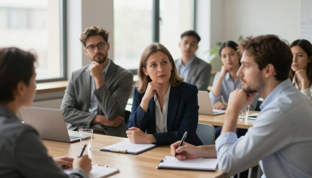 A serene and contemplative scene depicting a diverse group of professional leaders in an office setting, thoughtfully engaged in a roundtable discussion. In the foreground, a middle-aged woman in a navy blazer is actively sharing her insights, while a young man in a smart casual shirt takes notes. In the middle ground, a diverse group of leaders from various backgrounds is engaged, showcasing a blend of expressions from curiosity to determination. The background features large windows with soft natural light filtering in, casting gentle shadows and creating an uplifting atmosphere. The overall mood is one of collaboration and open-mindedness, symbolizing adaptive decision-making in times of uncertainty. The lens should focus on the group, with a slight blur on the background to emphasize the depth of the discussion.