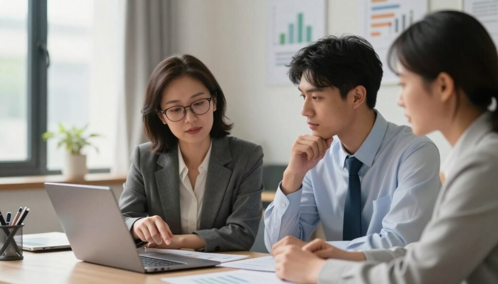 A serene office environment featuring a diverse group of three professionals engaged in a collaborative discussion. In the foreground, a middle-aged woman with glasses points to a chart on a laptop, wearing a smart blazer, embodying emotional intelligence. To her right, a young man nods thoughtfully, dressed in a polished shirt and tie, illustrating active listening. In the background, an open window allows soft, natural light to flood the room, casting gentle shadows. The walls are adorned with motivational art reflecting growth and understanding. The atmosphere is supportive and focused, emphasizing teamwork and emotional awareness in leadership. The scene is captured with a shallow depth of field, highlighting the subjects while softly blurring the background for a clean, professional look. A serene office environment featuring a diverse group of three professionals engaged in a collaborative discussion. In the foreground, a middle-aged woman with glasses points to a chart on a laptop, wearing a smart blazer, embodying emotional intelligence. To her right, a young man nods thoughtfully, dressed in a polished shirt and tie, illustrating active listening. In the background, an open window allows soft, natural light to flood the room, casting gentle shadows. The walls are adorned with motivational art reflecting growth and understanding. The atmosphere is supportive and focused, emphasizing teamwork and emotional awareness in leadership. The scene is captured with a shallow depth of field, highlighting the subjects while softly blurring the background for a clean, professional look.