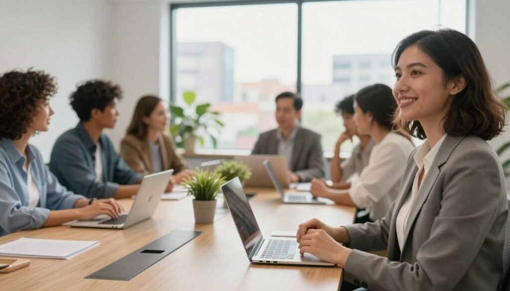 A serene office environment showcasing a diverse group of professionals engaged in a collaborative discussion. In the foreground, a woman in business attire smiles confidently, embodying trust and openness. The middle ground features a mixed-gender group brainstorming around a bright, modern conference table adorned with plants, laptops, and notebooks, creating an inviting atmosphere. The background displays a large window with natural light streaming in, highlighting a vibrant cityscape. The color palette includes warm tones to evoke a sense of psychological safety and camaraderie. Use soft, diffused lighting to enhance the feeling of comfort and support, captured from a slight low angle to promote empowerment and positivity. The overall mood is one of inclusivity, collaboration, and encouragement, supporting concepts of trust and burnout prevention. A serene office environment showcasing a diverse group of professionals engaged in a collaborative discussion. In the foreground, a woman in business attire smiles confidently, embodying trust and openness. The middle ground features a mixed-gender group brainstorming around a bright, modern conference table adorned with plants, laptops, and notebooks, creating an inviting atmosphere. The background displays a large window with natural light streaming in, highlighting a vibrant cityscape. The color palette includes warm tones to evoke a sense of psychological safety and camaraderie. Use soft, diffused lighting to enhance the feeling of comfort and support, captured from a slight low angle to promote empowerment and positivity. The overall mood is one of inclusivity, collaboration, and encouragement, supporting concepts of trust and burnout prevention.