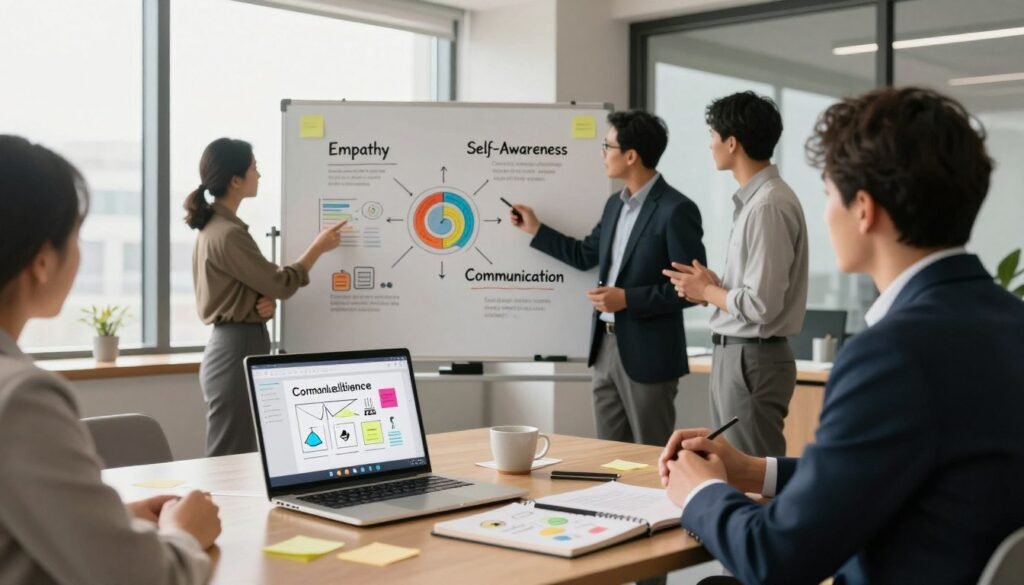 A serene office environment showcasing diverse emotional intelligence tools. In the foreground, a well-organized desk with a glowing laptop open to a webinar on emotional intelligence, surrounded by a notebook filled with colorful diagrams and sticky notes. In the middle, a large whiteboard displays key concepts like empathy, self-awareness, and communication, illustrated through vibrant infographics. A group of three professionals in business attire engaged in a coaching session, actively discussing while pointing at the whiteboard. In the background, large windows filter soft, natural light, creating a warm and inviting atmosphere. The overall mood is positive and focused, emphasizing collaboration and growth in emotional intelligence skills. A serene office environment showcasing diverse emotional intelligence tools. In the foreground, a well-organized desk with a glowing laptop open to a webinar on emotional intelligence, surrounded by a notebook filled with colorful diagrams and sticky notes. In the middle, a large whiteboard displays key concepts like empathy, self-awareness, and communication, illustrated through vibrant infographics. A group of three professionals in business attire engaged in a coaching session, actively discussing while pointing at the whiteboard. In the background, large windows filter soft, natural light, creating a warm and inviting atmosphere. The overall mood is positive and focused, emphasizing collaboration and growth in emotional intelligence skills.