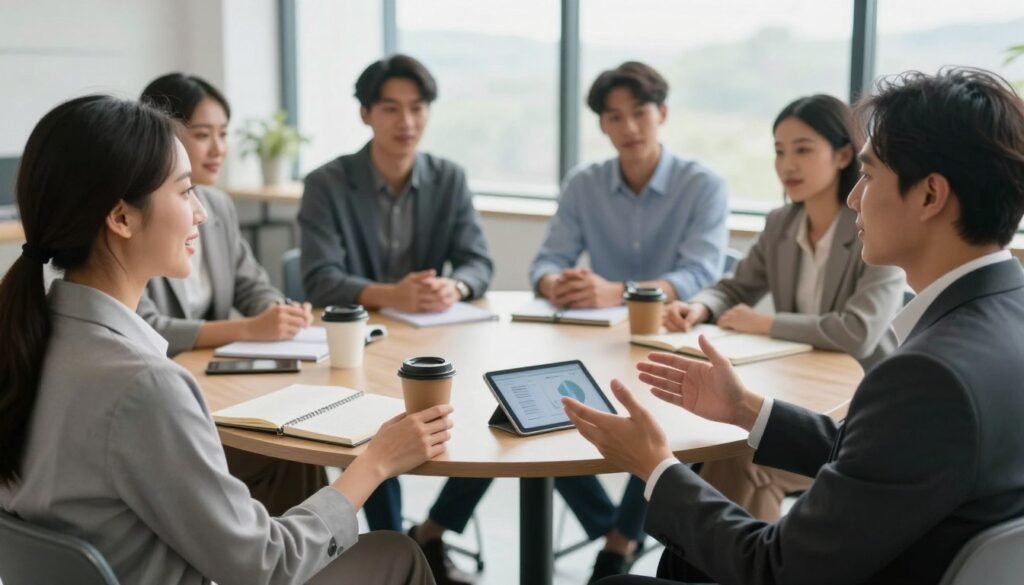 A serene office setting with a group of diverse professionals engaged in a warm discussion, symbolizing communication rituals. In the foreground, two individuals in smart business attire exchange ideas, with one gesturing enthusiastically while the other listens attentively, showcasing active engagement. In the middle ground, a round table with notebooks, coffee cups, and a tablet displaying charts illustrates a collaborative environment. The background features a large window letting in soft, natural light, illuminating the modern workspace while creating a sense of transparency and openness. The overall mood is positive and inviting, promoting a culture of trust and consistent communication. Capture this scene with a slightly elevated angle, emphasizing the connection among the participants. A serene office setting with a group of diverse professionals engaged in a warm discussion, symbolizing communication rituals. In the foreground, two individuals in smart business attire exchange ideas, with one gesturing enthusiastically while the other listens attentively, showcasing active engagement. In the middle ground, a round table with notebooks, coffee cups, and a tablet displaying charts illustrates a collaborative environment. The background features a large window letting in soft, natural light, illuminating the modern workspace while creating a sense of transparency and openness. The overall mood is positive and inviting, promoting a culture of trust and consistent communication. Capture this scene with a slightly elevated angle, emphasizing the connection among the participants.