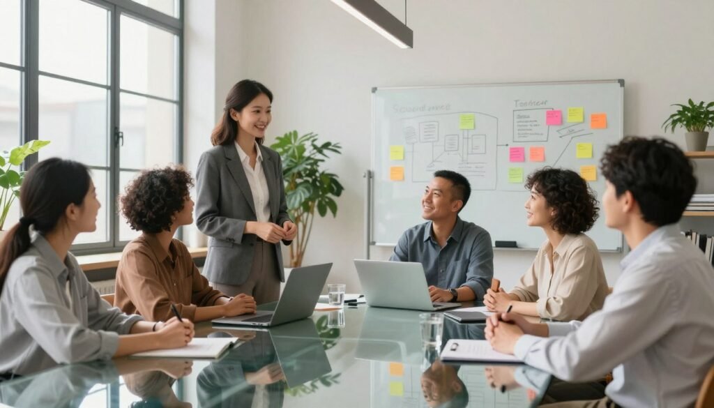 A serene office space bathed in soft, natural light filtering through large windows. In the foreground, a confident leader in professional business attire stands next to a transparent glass conference table, engaging with a diverse group of team members who are attentively listening. They are all smiling, showcasing an open and collaborative spirit. The middle ground features a whiteboard filled with colorful sticky notes and diagrams, symbolizing transparency in communication and ideas. The background is adorned with plants, creating a warm, inviting atmosphere. The overall mood is one of trust and openness, encouraging a sense of community and partnership in the workplace. The image captures the essence of transparency as a crucial element in building credibility and trust over time. A serene office space bathed in soft, natural light filtering through large windows. In the foreground, a confident leader in professional business attire stands next to a transparent glass conference table, engaging with a diverse group of team members who are attentively listening. They are all smiling, showcasing an open and collaborative spirit. The middle ground features a whiteboard filled with colorful sticky notes and diagrams, symbolizing transparency in communication and ideas. The background is adorned with plants, creating a warm, inviting atmosphere. The overall mood is one of trust and openness, encouraging a sense of community and partnership in the workplace. The image captures the essence of transparency as a crucial element in building credibility and trust over time.