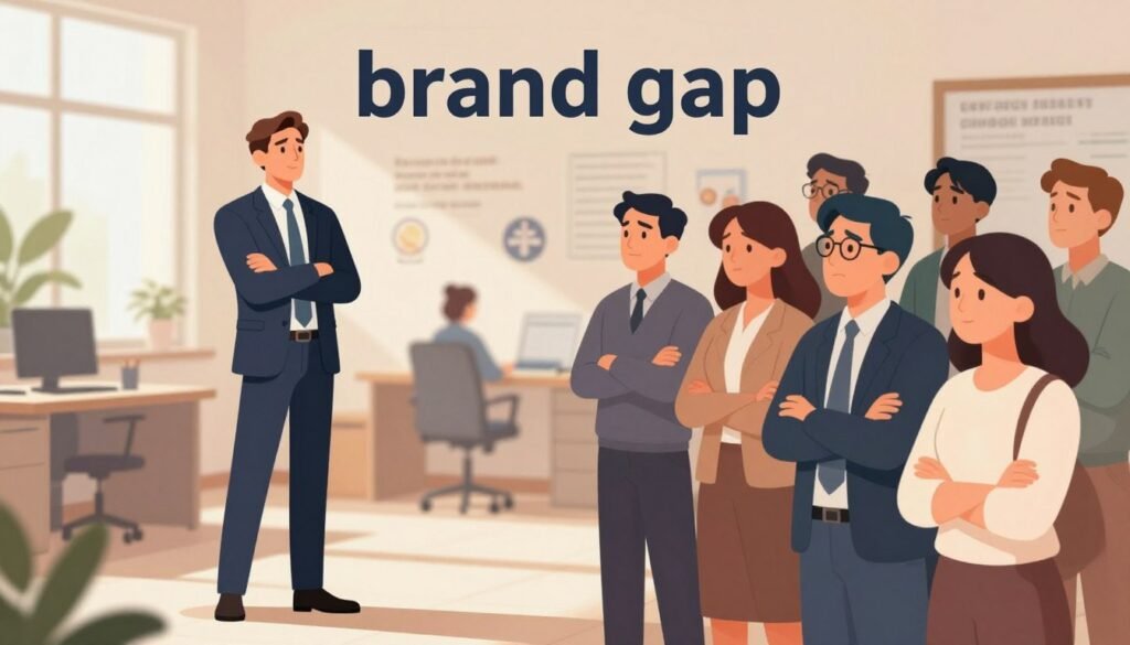 A split-screen illustration representing the "brand gap." On the left, a confident entrepreneur in a professional business suit, standing in a bright, well-lit office space, showcasing a sense of authenticity and personal brand strength. On the right, a crowd observing the entrepreneur, their expressions showcasing confusion, misinterpretation, and curiosity. Subtle shadows cast across the floor add depth, while warm, natural lighting creates a welcoming atmosphere. In the background, motivational quotes and brand icons are blurred, emphasizing the disconnect between the entrepreneur's true self and public perception. The composition should evoke a sense of introspection, inspiring viewers to reflect on their personal branding journey.