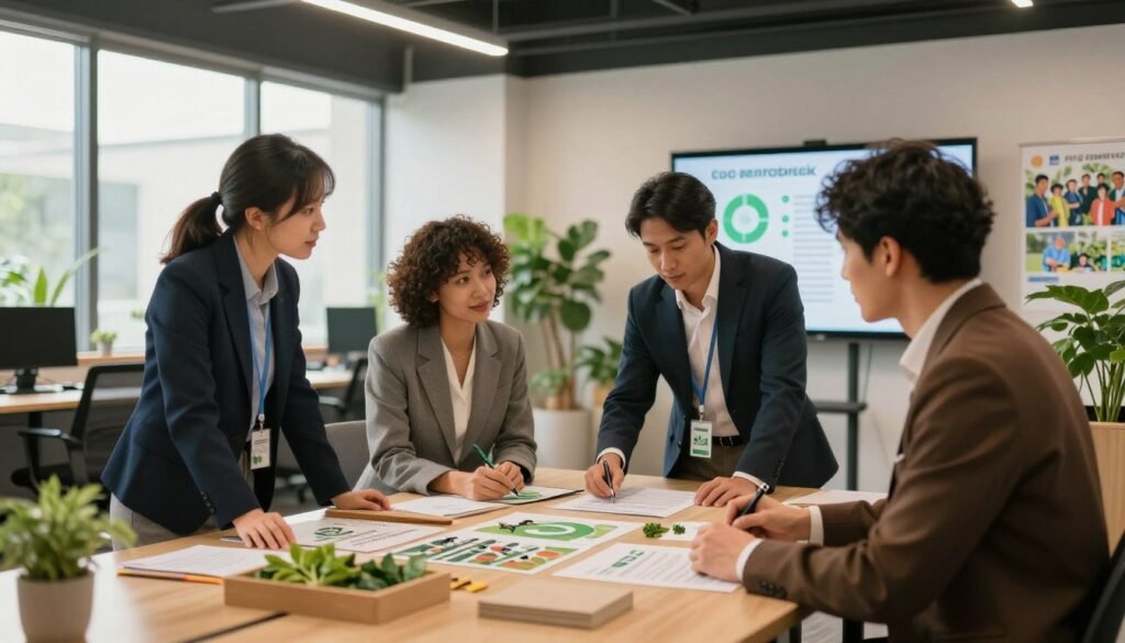 A vibrant office scene illustrating corporate social responsibility in action. In the foreground, a diverse group of three professionals in business attire collaborates around a table filled with eco-friendly materials and community project proposals. In the middle, an open plan office with green plants and large windows allows natural light to flood the space, enhancing a sense of transparency and sustainability. Background elements include a digital display showcasing environmental statistics and images of community engagement initiatives. The lighting is warm and inviting, with a soft focus effect that emphasizes collaboration and forward-thinking. The mood is optimistic and inspiring, conveying a sense of purpose, ethics, and unity in corporate culture.