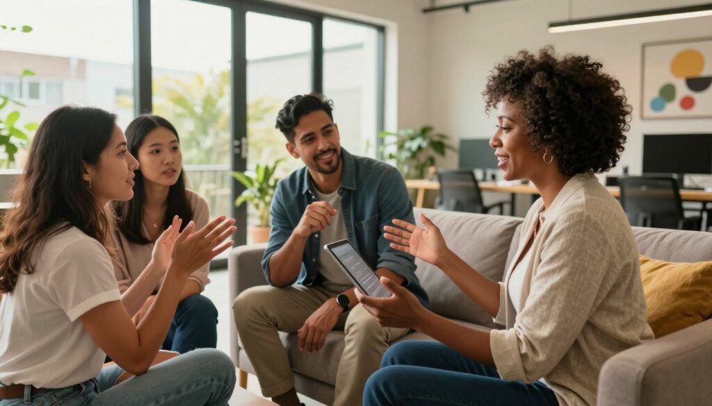A vibrant office setting showcasing a diverse group of four professionals engaged in lively discussion, emphasizing collaboration and connection. In the foreground, a middle-aged Black woman in smart casual attire is animatedly presenting ideas on a digital tablet, surrounded by a Hispanic man and a young Asian woman, both nodding attentively. A White woman sits cross-legged on a cozy couch, gesturing enthusiastically. In the middle ground, large windows let in soft, warm natural light, highlighting greenery outside. The background reveals an open workspace with modern furniture and inspirational artwork, creating an inviting atmosphere. The mood is upbeat, signifying strong teamwork and a commitment to rebuilding company culture in a hybrid work environment. Capture this scene with a wide-angle lens to create an inclusive and dynamic composition.