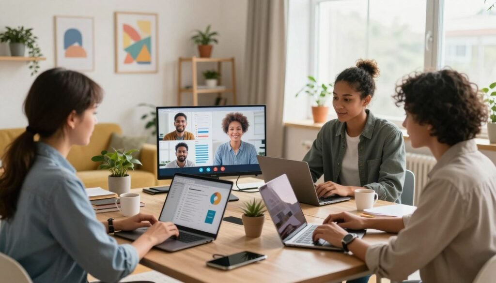 A vibrant, open virtual workspace depicting a diverse group of professionals collaborating in a remote setting. Foreground shows three individuals of varying ethnicities engaged in a video conference on sleek laptops, dressed in smart casual attire, with a large screen displaying colorful charts and graphs behind them. Middle ground features a cozy, modern home office space filled with indoor plants and inspiring artwork, highlighting the comfort of remote work. Background includes a bright window with natural light pouring in, illuminating the scene with a warm, inviting glow. The atmosphere radiates connection, creativity, and collaboration, embodying the essence of thriving remote culture in startups. Soft focus on distant elements enhances the sense of a productive, scalable workspace.