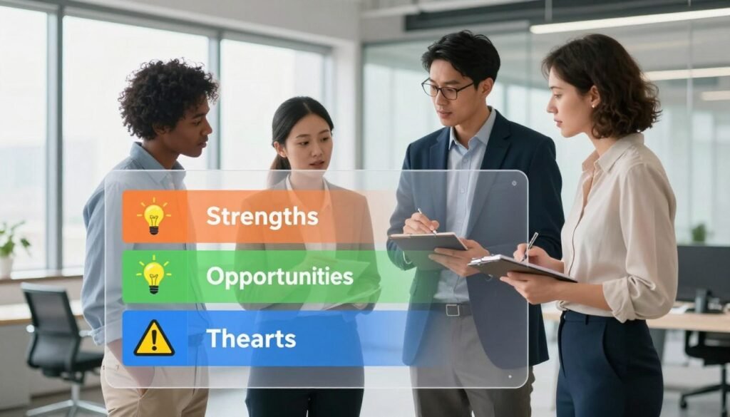 A visually impactful illustration of a SWOT analysis diagram, set against a clean, modern office background. In the foreground, a large, clear chart dividing strengths, weaknesses, opportunities, and threats, each section vividly colored and filled with representative icons like a light bulb for opportunities and a caution sign for threats. The middle ground features a diverse group of three professionals, dressed in smart business attire, intently discussing the chart; one is pointing at the strengths section while others take notes. The background showcases a sleek office with large windows, letting in soft, natural lighting that creates an inspiring and focused atmosphere. The angle captures both the professionals and the chart prominently, conveying a sense of strategic planning and market analysis.