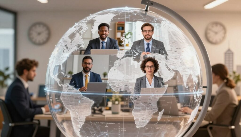 An artistic depiction of world time zones represented on a high-tech globe. In the foreground, a faintly illuminated, transparent clock overlay shows different times from various major cities around the globe. The middle ground features a diverse group of four professionals dressed in smart business attire, engaged in a video conference, each depicted in their respective time zones, symbolizing connectivity and collaboration across distances. The background includes a softly blurred view of an office with city skylines and clocks displaying local times. The scene is drenched in warm, inviting lighting, casting a sense of trust and efficiency. The composition conveys a mood of collaboration, innovation, and global unity in remote work.