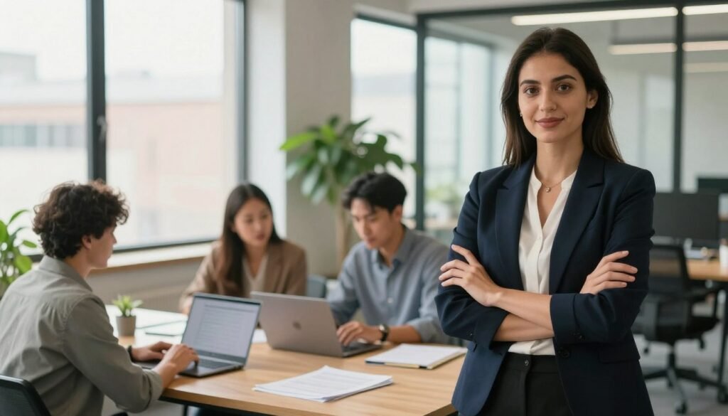 In a modern office setting, a diverse group of professionals is engaged in a collaborative discussion, illustrating trust and autonomy in a hybrid work environment. In the foreground, a confident woman in smart business attire stands with arms crossed, showcasing leadership and assurance. In the middle, two colleagues, a man and a woman, are seated at a table with laptops open, brainstorming ideas, conveying a sense of teamwork and innovation. The background features large windows with natural light streaming in, illuminating a contemporary office space adorned with plants, emphasizing a refreshing and productive atmosphere. The mood is positive and empowering, captured with a warm color palette and a slight soft focus, reminiscent of a motivational business environment.