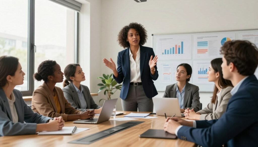 In a vibrant office setting, a diverse group of professionals is gathered around a large conference table, engaged in an animated discussion. In the foreground, a confident woman in a smart business outfit stands slightly elevated, gesturing passionately, her expression conveying trust and authority without formal power. The middle layer captures attentive faces of her colleagues, reflecting interest and respect, with diverse genders and ethnicities represented. The background features large windows letting in warm, natural light, illuminating charts and graphs on the walls that suggest collaborative brainstorming. The atmosphere is dynamic and focused, fostering a sense of teamwork and mutual respect among unofficial leaders. The scene is shot from a slightly low angle, emphasizing the speaker's influence while maintaining a professional context.
