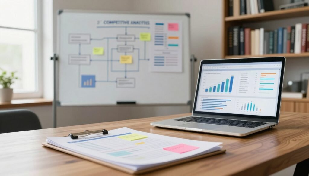 A digital workspace depicting a data inventory setup, featuring a sleek wooden desk with a modern laptop displaying graphs and charts related to data benchmarking. In the foreground, a close-up of a clipboard with neatly organized data sheets and colorful sticky notes, signifying various channels and sources of information. In the middle ground, a large, stylish whiteboard covered with diagrams and flowcharts illustrating competitive analysis processes, strategically lit by soft, natural light coming from a nearby window. In the background, shelves filled with books on data science and artificial intelligence, creating an intellectual atmosphere. The overall mood is professional and focused, suggesting an environment conducive to thoughtful analysis and strategic decision-making.