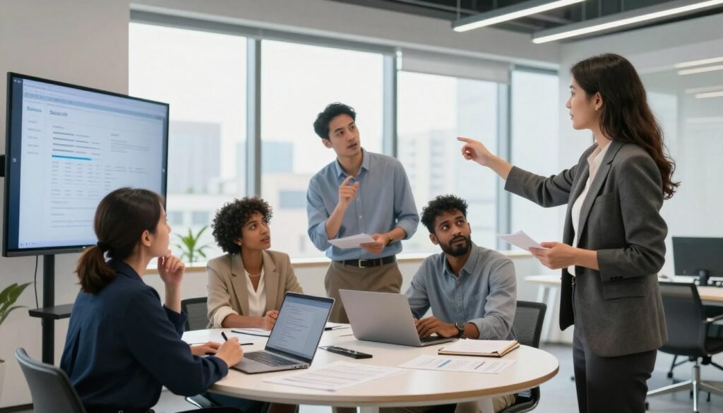 A diverse group of four professionals engaged in a strategic discussion in a modern office environment, reflecting strong team leadership. In the foreground, a confident woman in a tailored blazer gestures towards a digital presentation on a sleek screen. Beside her, a man in smart casual attire thoughtfully takes notes. In the middle, a collaborative atmosphere with a round table filled with laptops and documents, as two other team members, one South Asian and one Black, exchange ideas with enthusiasm. The background features large windows, allowing natural light to flood the room, while a city skyline can be seen outside, conveying a sense of opportunity. The mood is focused and inspiring, encapsulating the essence of effective team management. A diverse group of four professionals engaged in a strategic discussion in a modern office environment, reflecting strong team leadership. In the foreground, a confident woman in a tailored blazer gestures towards a digital presentation on a sleek screen. Beside her, a man in smart casual attire thoughtfully takes notes. In the middle, a collaborative atmosphere with a round table filled with laptops and documents, as two other team members, one South Asian and one Black, exchange ideas with enthusiasm. The background features large windows, allowing natural light to flood the room, while a city skyline can be seen outside, conveying a sense of opportunity. The mood is focused and inspiring, encapsulating the essence of effective team management.