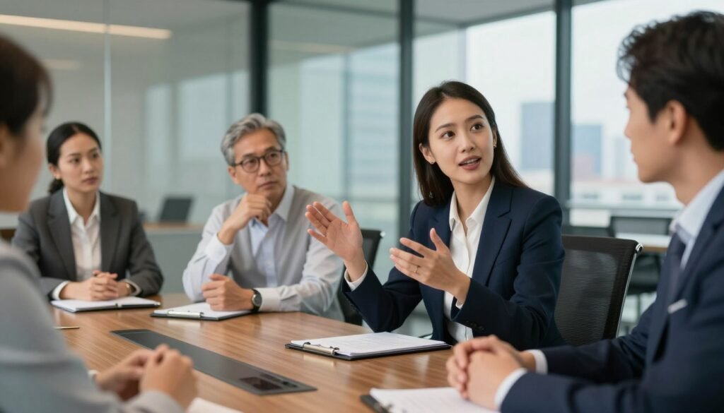 A diverse group of professional business leaders gathered around a polished conference table, engaged in a dynamic brainstorming session. In the foreground, a confident woman in a tailored navy suit presents her ideas, gesturing with enthusiasm. Across the table, a middle-aged man wearing glasses and a crisp white shirt nods in agreement, a notepad filled with notes in front of him. The setting is a modern glass-walled conference room, allowing natural light to flood in. In the background, a city skyline is visible, hinting at ambition and opportunity. The atmosphere is one of collaboration, determination, and innovative thinking. Use soft, warm lighting to enhance the feeling of inspiration and unity, with a shallow depth of field to focus on the leaders' expressions. A diverse group of professional business leaders gathered around a polished conference table, engaged in a dynamic brainstorming session. In the foreground, a confident woman in a tailored navy suit presents her ideas, gesturing with enthusiasm. Across the table, a middle-aged man wearing glasses and a crisp white shirt nods in agreement, a notepad filled with notes in front of him. The setting is a modern glass-walled conference room, allowing natural light to flood in. In the background, a city skyline is visible, hinting at ambition and opportunity. The atmosphere is one of collaboration, determination, and innovative thinking. Use soft, warm lighting to enhance the feeling of inspiration and unity, with a shallow depth of field to focus on the leaders' expressions.