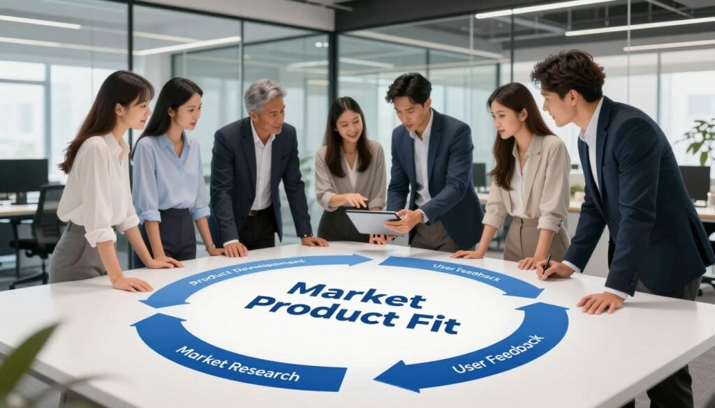 A dynamic and visually engaging representation of "Market Product Fit" as a continuous cycle within a modern business context. In the foreground, a circular flowchart featuring distinct phases of market research, product development, user feedback, and adjustment, seamlessly connecting to emphasize the cyclical nature of success. In the middle ground, a diverse group of professionals, dressed in smart business attire, actively discussing and collaborating over a digital tablet, highlighting teamwork and innovation. The background showcases a sleek, contemporary office environment with glass walls, soft, diffused sunlight illuminating the scene. Use a wide-angle lens for depth, capturing the intricate details of both the participants and the flowchart. The overall atmosphere should evoke a sense of professionalism, collaboration, and forward-thinking, inviting viewers to understand the importance of continuous improvement in achieving market product fit.
