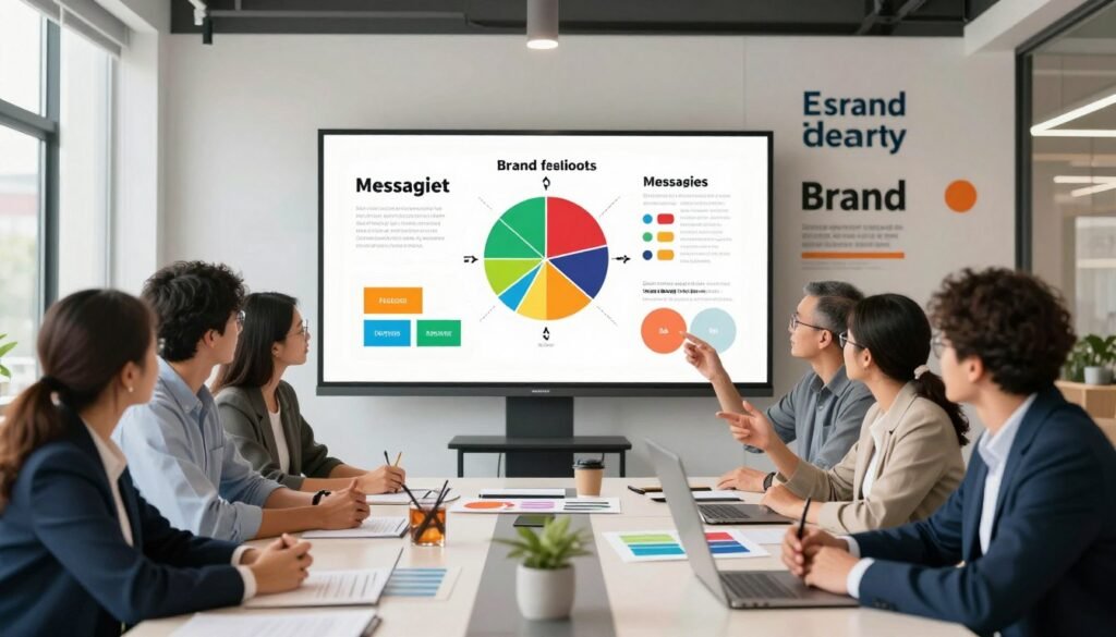 A dynamic and visually engaging representation of brand identity, showcasing a colorful collage of elements that symbolize the core components of a strong brand strategy. In the foreground, a professional team of diverse individuals in business attire brainstorms around a modern conference table, gesturing toward various brand-related visuals like logos, color palettes, and typography. The middle ground features a large digital screen displaying infographics on brand positioning and messaging. The background highlights a bright, open office space with motivational branding elements on the walls. Soft, natural lighting filters through large windows, creating an uplifting atmosphere. The overall mood is collaborative and innovative, emphasizing the strategic essence of building a successful brand.