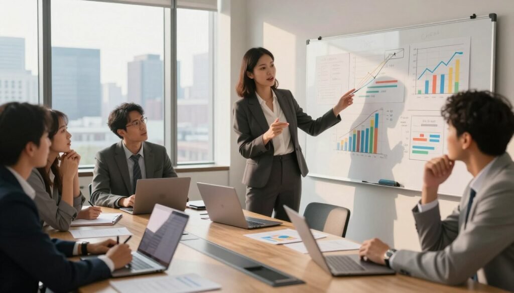 A dynamic business boardroom scene showcasing a diverse group of professionals engaged in a strategy session, highlighting a whiteboard filled with colorful graphs and market insights. In the foreground, a confident female leader in a tailored business suit gestures with enthusiasm, while a thoughtful male executive takes notes. In the middle, a large conference table is adorned with laptops and documents, featuring detailed industry analysis. The background reveals a large window with city skyline views, illuminated by warm, natural lighting that casts soft shadows, enhancing the focus on the strategizing team. The ambiance is energetic and collaborative, reflecting innovation and forward-thinking in a corporate environment.