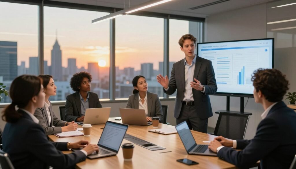 A dynamic business meeting scene showcasing a diverse group of professionals engaged in strategic discussion within a modern conference room. In the foreground, a confident CEO in a tailored suit gestures thoughtfully while presenting ideas on a digital screen, with colleagues attentively listening, representing various ethnic backgrounds in professional attire. The middle ground features a large conference table strewn with laptops, notepads, and cups of coffee, emphasizing collaboration. In the background, floor-to-ceiling windows reveal a city skyline at dusk, the warm glow of sunset casting a golden hue across the room, creating an atmosphere of ambition and innovation. The lighting is soft yet vibrant, highlighting the energy of the organization scaling new heights. The angle captures both the participants and the inspiring urban landscape, symbolizing growth and leadership.