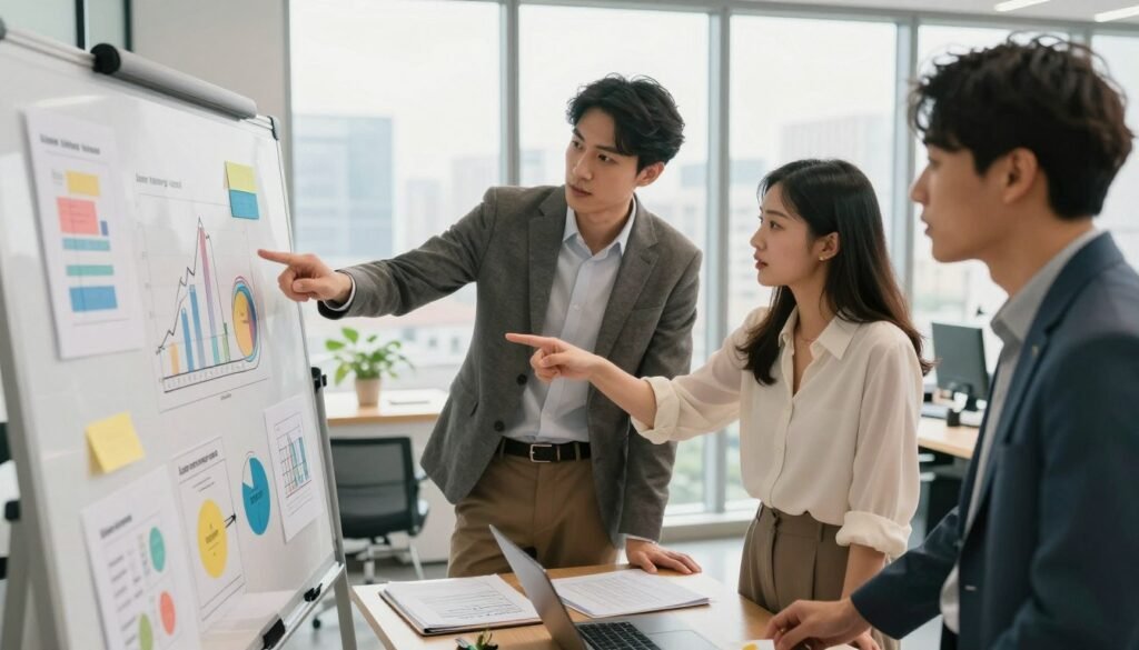A dynamic office environment depicting a diverse team of four professionals engaged in a strategic planning session. In the foreground, a whiteboard filled with colorful charts and diagrams representing long-range planning concepts. In the middle, two individuals, a man in a tailored suit and a woman in a smart blouse, are pointing at the board, deep in discussion. The background features a large window with natural light flooding in, revealing a city skyline. The atmosphere is collaborative and focused, with elements like laptops, documents, and planning tools subtly enhancing the scene. Use a warm, inviting color palette with soft shadows to evoke a sense of inspiration and teamwork. High-angle perspective to capture the interaction and overall setting.