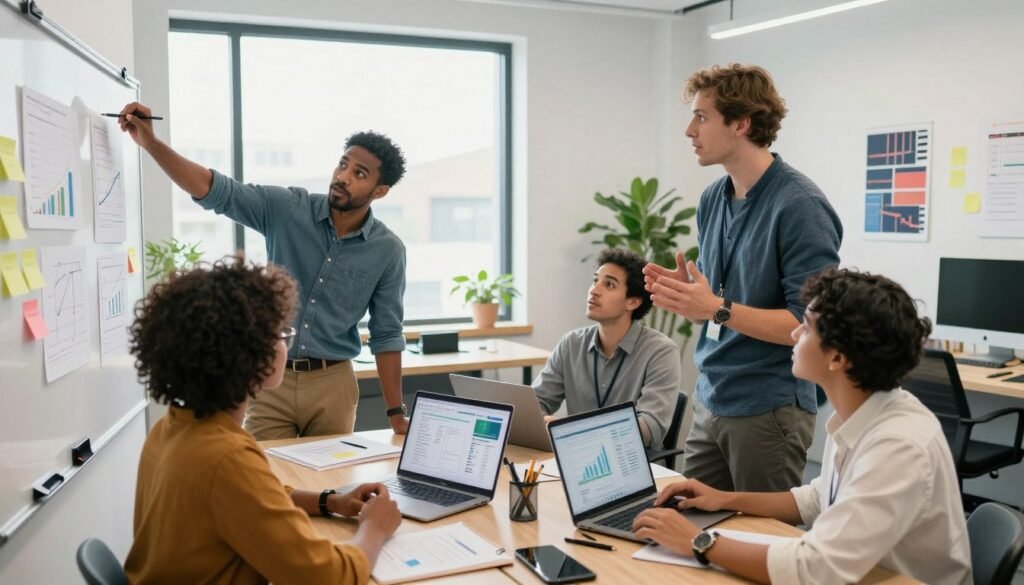 A dynamic scene depicting a team of diverse professionals in a modern office environment, actively engaging in brainstorming and discussing ideas during a growth sprint meeting. In the foreground, a group of four individuals—one Black woman, one Hispanic man, and two Caucasian men—are animatedly collaborating around a whiteboard filled with charts and sticky notes. The middle ground features laptops and digital devices displaying graphs and metrics, symbolizing rapid experiments and data analysis. In the background, large windows allow natural light to flood the space, creating an energetic atmosphere. The room is decorated with motivational posters and plants, conveying a sense of innovation and forward momentum. The composition is balanced and lively, with a slight upward angle to emphasize the spirit of growth and success. A dynamic scene depicting a team of diverse professionals in a modern office environment, actively engaging in brainstorming and discussing ideas during a growth sprint meeting. In the foreground, a group of four individuals—one Black woman, one Hispanic man, and two Caucasian men—are animatedly collaborating around a whiteboard filled with charts and sticky notes. The middle ground features laptops and digital devices displaying graphs and metrics, symbolizing rapid experiments and data analysis. In the background, large windows allow natural light to flood the space, creating an energetic atmosphere. The room is decorated with motivational posters and plants, conveying a sense of innovation and forward momentum. The composition is balanced and lively, with a slight upward angle to emphasize the spirit of growth and success.