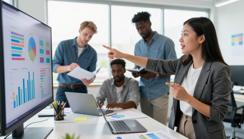 A dynamic workspace scene showcasing a group of diverse entrepreneurs collaboratively brainstorming innovative marketing strategies. In the foreground, a confident Asian woman in professional attire gestures animatedly, pointing at a large digital screen displaying colorful graphs and marketing analytics. In the middle ground, two men, one Caucasian and one Black, analyze notes and discuss ideas, surrounded by laptops and marketing materials. The background features a window with bright natural light streaming in, creating an inviting atmosphere. The mood is energetic and focused, emphasizing teamwork and creativity in marketing. Use a wide-angle lens for depth and clarity, capturing the essence of a vibrant startup environment. A dynamic workspace scene showcasing a group of diverse entrepreneurs collaboratively brainstorming innovative marketing strategies. In the foreground, a confident Asian woman in professional attire gestures animatedly, pointing at a large digital screen displaying colorful graphs and marketing analytics. In the middle ground, two men, one Caucasian and one Black, analyze notes and discuss ideas, surrounded by laptops and marketing materials. The background features a window with bright natural light streaming in, creating an inviting atmosphere. The mood is energetic and focused, emphasizing teamwork and creativity in marketing. Use a wide-angle lens for depth and clarity, capturing the essence of a vibrant startup environment.