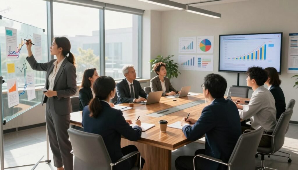 A high-level meeting room designed for strategic planning, featuring a large wooden table surrounded by diverse professionals dressed in smart business attire, deeply engaged in discussion. In the foreground, a professional woman is writing on a transparent glass board filled with colorful graphs and diagrams representing long-range planning strategies. The middle ground showcases a large window with sunlight streaming in, casting soft shadows on the polished floor, creating a warm and inviting atmosphere. In the background, a wall of charts and a digital screen display analytics and timelines, emphasizing organization and future growth. The mood is focused, collaborative, and forward-thinking, accomplished through soft, professional lighting that highlights the faces of the participants and the details of their strategic notes.