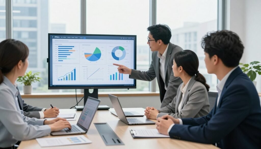 A modern office environment centered around a sleek conference table. In the foreground, a diverse group of three professionals, two men and one woman, dressed in business attire, are engaged in an animated discussion, pointing at a large screen displaying complex charts and graphs. The middle ground features a well-organized workspace with laptops, financial documents, and digital charts illustrating data analysis. In the background, large windows let in natural light, revealing a cityscape, creating a bright and optimistic atmosphere. The lighting is bright with a soft focus on the professionals to highlight their expressions of collaboration and concentration, suggesting the effectiveness of FP&A software in facilitating long-range planning. The overall mood conveys innovation, professionalism, and teamwork.