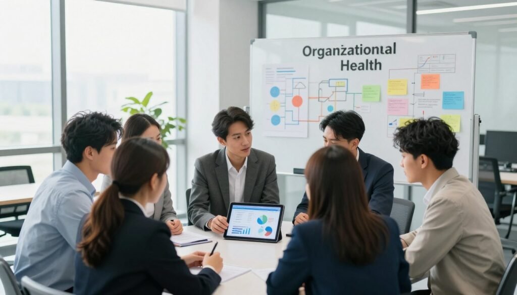 A modern office environment depicts the concept of diagnosing organizational health. In the foreground, a diverse group of professionals in professional business attire (two men and two women) are engaged in focused discussion around a large round table. They are examining a digital tablet displaying charts and graphs. The middle ground features a large whiteboard filled with colorful diagrams and notes on organizational health indicators. In the background, large windows allow ample natural light to flood the space, creating a bright and optimistic atmosphere. The overall mood is collaborative and analytical, emphasizing teamwork and strategic planning. The composition suggests a sense of urgency and importance, with a slight perspective from above, as if the viewer is observing this crucial meeting from an unseen vantage point.