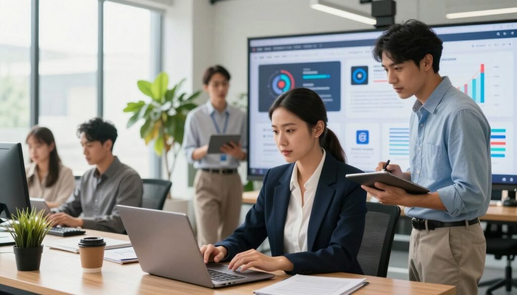 A modern office setting bustling with energy, showcasing a diverse group of professionals engaged in social media marketing strategies. In the foreground, a confident woman in smart business attire interacts with a laptop, analyzing social media metrics. Beside her, a man in casual business wear discusses ideas with a tablet in hand. The middle ground features a large digital screen displaying visually appealing graphs and social media platforms, illustrating audience engagement strategies. The background reveals a contemporary office with potted plants and large windows letting in bright, natural sunlight, creating an inviting and inspirational atmosphere. Capture this scene from a dynamic angle, emphasizing collaboration and innovation in a sleek, professional environment. A modern office setting bustling with energy, showcasing a diverse group of professionals engaged in social media marketing strategies. In the foreground, a confident woman in smart business attire interacts with a laptop, analyzing social media metrics. Beside her, a man in casual business wear discusses ideas with a tablet in hand. The middle ground features a large digital screen displaying visually appealing graphs and social media platforms, illustrating audience engagement strategies. The background reveals a contemporary office with potted plants and large windows letting in bright, natural sunlight, creating an inviting and inspirational atmosphere. Capture this scene from a dynamic angle, emphasizing collaboration and innovation in a sleek, professional environment.